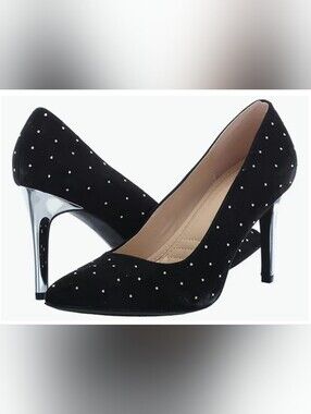 Adrienne Vittadini Black Suede Rhinestone Pointed Toe Pumps with Silver Heel